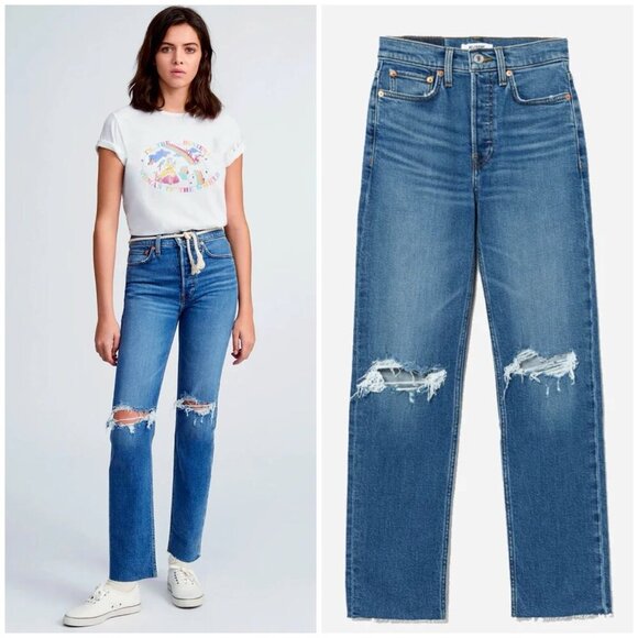 RE/DONE HIGH RISE STOVE PIPE JEAN DUSK DESTROY $265 Womens 27 - Picture 1 of 12